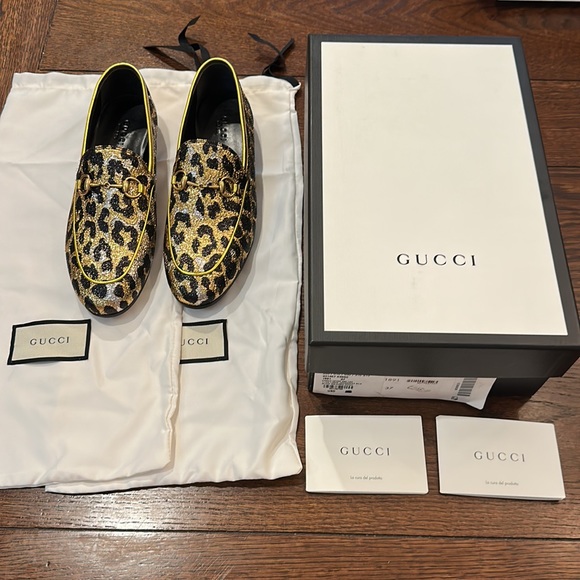 Gucci NWT Jordaan Horsebit Loafers with leopard print jacquard and gold hardware - Picture 10 of 12